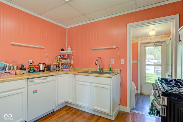 238 S 5th Ave, Beech Grove, IN 46107 - kitchen featuring white dishwasher, gas range, white cabinets, light wood-style floors, and open shelves