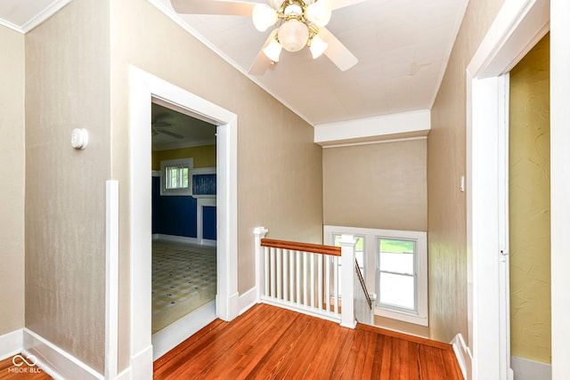 1325 Fordice Rd, Lebanon, IN 46052 - corridor with crown molding, wood finished floors, plenty of natural light, and an upstairs landing