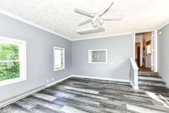 1325 Fordice Rd, Lebanon, IN 46052 - spare room featuring a baseboard radiator, a ceiling fan, wood finished floors, stairway, and ornamental molding