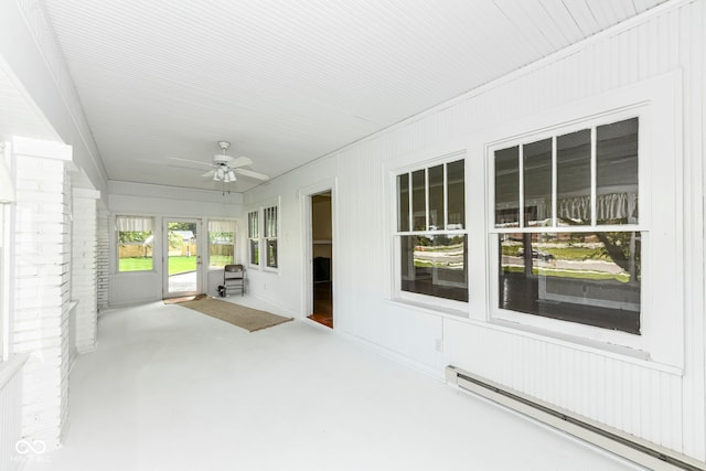 1325 Fordice Rd, Lebanon, IN 46052 - unfurnished sunroom featuring a baseboard heating unit, a ceiling fan, and concrete flooring
