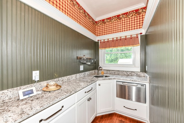 1325 Fordice Rd, Lebanon, IN 46052 - kitchen featuring stainless steel dishwasher, light stone countertops, white cabinets, ornamental molding, and dark wood-style floors