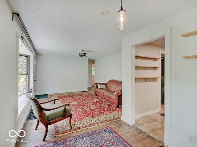 1908 W Northgate St, Indianapolis, IN 46228 - living room with wood finished floors, a textured ceiling, and a barn door