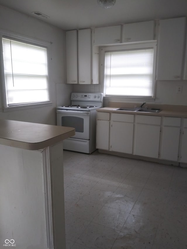 2138 Admiral Dr, Indianapolis, IN 46219 - kitchen featuring white electric range, white cabinetry, and light floors