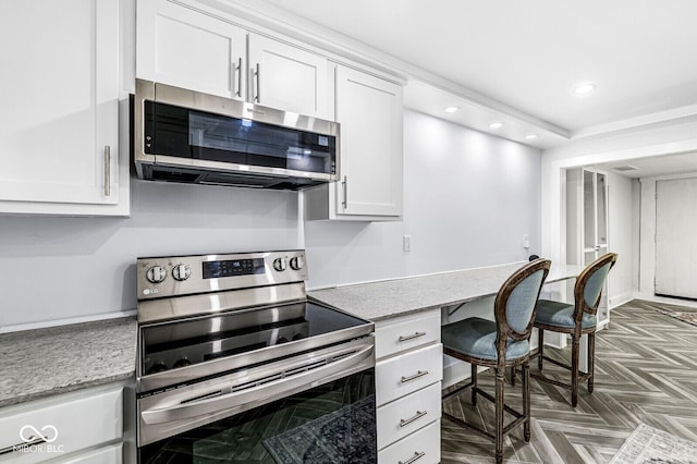 777 Sycamore St, Westfield, IN 46074 - kitchen featuring stainless steel appliances, white cabinetry, recessed lighting, and light stone counters