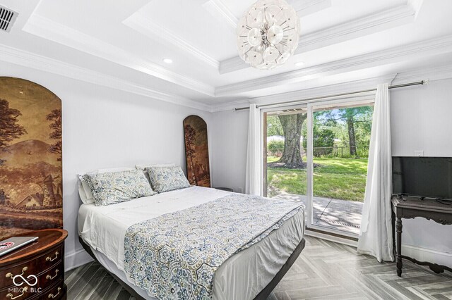 777 Sycamore St, Westfield, IN 46074 - bedroom featuring a tray ceiling, access to outside, arched walkways, ornamental molding, and recessed lighting