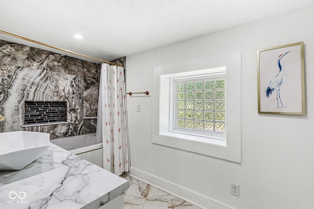 777 Sycamore St, Westfield, IN 46074 - full bathroom featuring marble look tiles, vanity, shower / bath combo with shower curtain, and recessed lighting