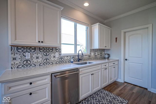 16235 Natures Way, Westfield, IN 46074 - kitchen featuring dishwasher, dark wood-style floors, white cabinetry, decorative backsplash, and crown molding
