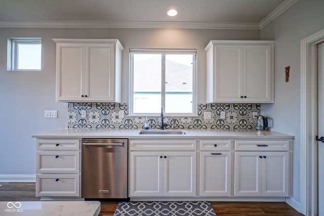 16235 Natures Way, Westfield, IN 46074 - kitchen featuring dishwasher, light countertops, white cabinetry, tasteful backsplash, and ornamental molding