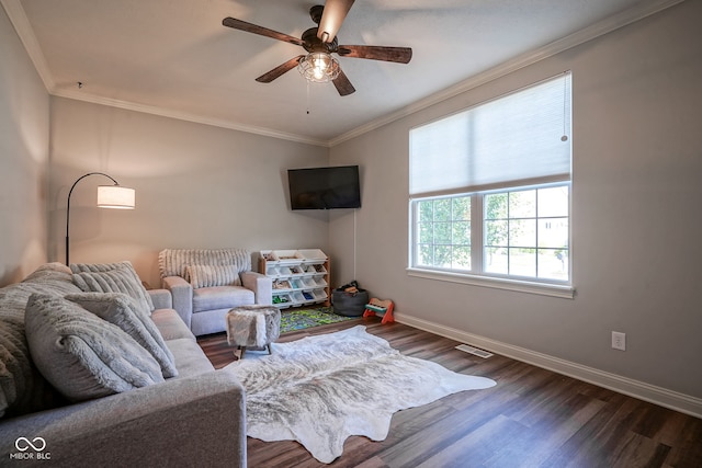 16235 Natures Way, Westfield, IN 46074 - living room with wood finished floors, a ceiling fan, and crown molding