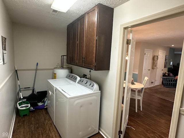 1001 Paradise Ct Unit F, Greenwood, IN 46143 - laundry room with cabinet space, dark wood-type flooring, washing machine and clothes dryer, a textured ceiling, and water heater