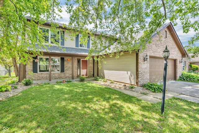 6329 Whitaker Farms Dr, Indianapolis, IN 46237 - view of front of house featuring brick siding, an attached garage, driveway, a front lawn, and covered porch