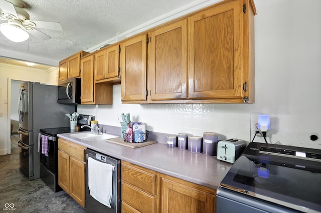 7307 Twin Beech Dr, Indianapolis, IN 46226 - kitchen featuring dishwasher, stainless steel microwave, a textured ceiling, ceiling fan, and backsplash
