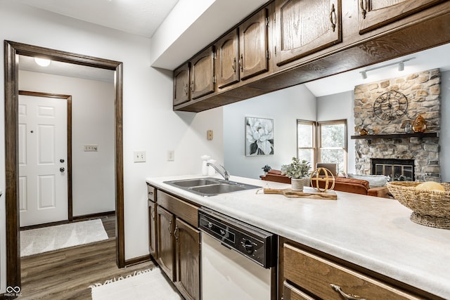 2247 Frisco Pl, Indianapolis, IN 46240 - kitchen with white dishwasher, wood finished floors, light countertops, a stone fireplace, and track lighting