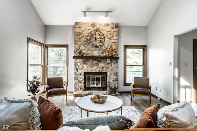 2247 Frisco Pl, Indianapolis, IN 46240 - living room with track lighting, a fireplace, and wood finished floors