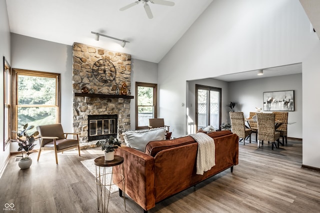 2247 Frisco Pl, Indianapolis, IN 46240 - living area with track lighting, wood finished floors, a stone fireplace, ceiling fan, and high vaulted ceiling