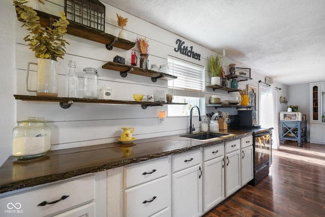2911 N 200 W Rd, Franklin, IN 46131 - kitchen with black electric range, open shelves, a textured ceiling, white cabinets, and dark wood-style floors