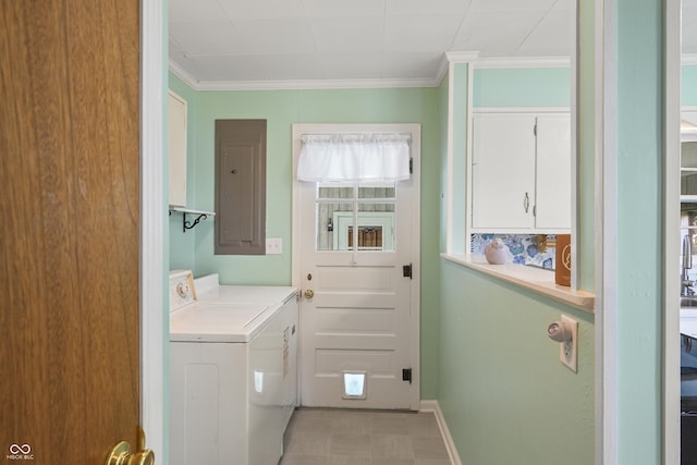 705 N Davidson St, Greensburg, IN 47240 - washroom with washer and dryer, crown molding, and electric panel