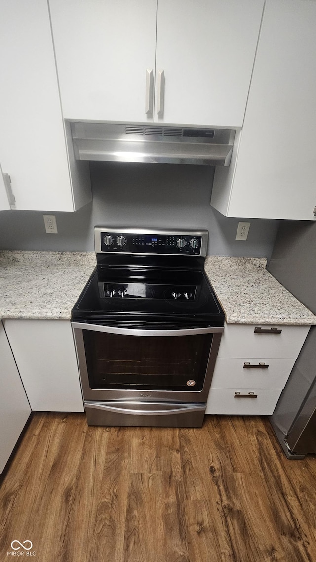 4614 Runyon Lake Dr W, Greenwood, IN 46143 - kitchen featuring electric range, under cabinet range hood, wood finished floors, and light stone countertops