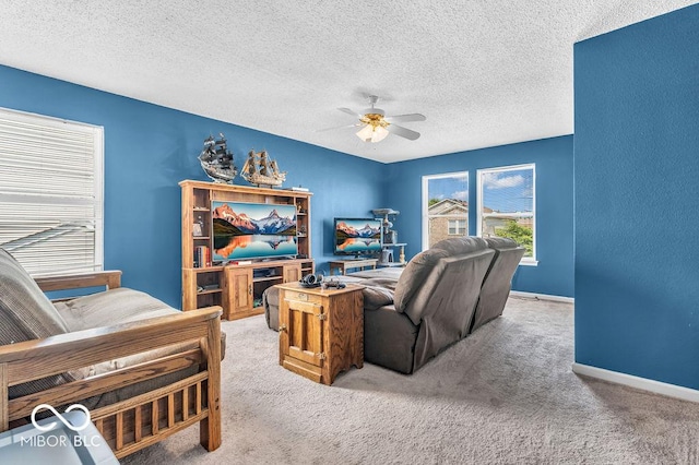2309 Westmere Dr, Plainfield, IN 46168 - carpeted living room with ceiling fan and a textured ceiling