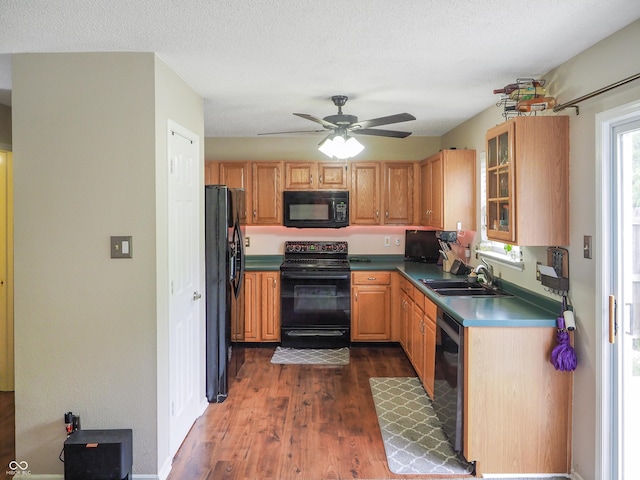 2355 Collins Way, Greenfield, IN 46140 - kitchen with black appliances, dark wood-style floors, ceiling fan, and glass insert cabinets