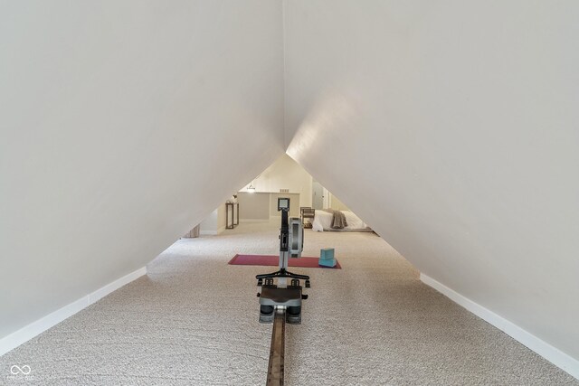 2026 E 10th St, Indianapolis, IN 46201 - workout room featuring carpet floors and vaulted ceiling