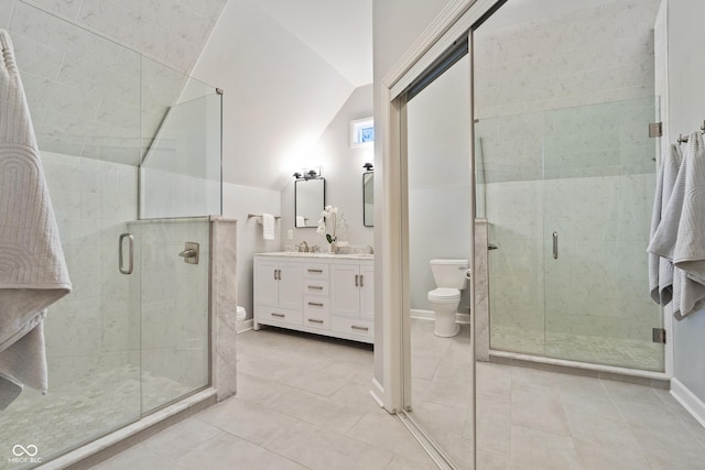 2026 E 10th St, Indianapolis, IN 46201 - full bath featuring vanity, a shower stall, tile patterned floors, and lofted ceiling