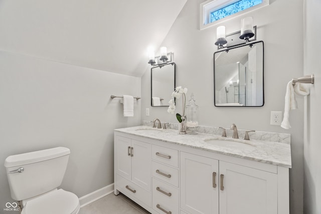 2026 E 10th St, Indianapolis, IN 46201 - full bath featuring double vanity, lofted ceiling, and tile patterned flooring