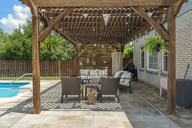 8754 Lily Ct, Zionsville, IN 46077 - fenced backyard featuring a pergola, outdoor lounge area, a patio, and outdoor dining area