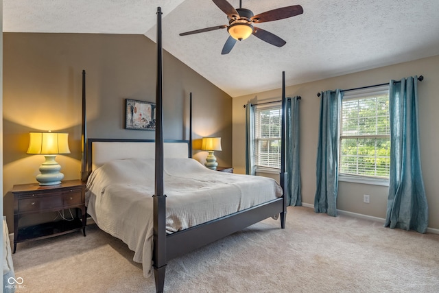 8754 Lily Ct, Zionsville, IN 46077 - bedroom featuring lofted ceiling, a textured ceiling, light colored carpet, and ceiling fan