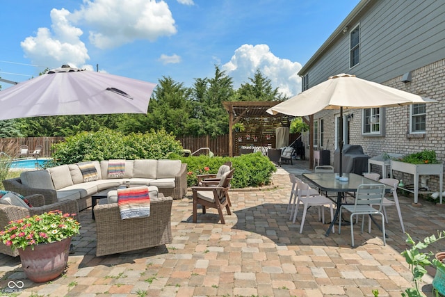 8754 Lily Ct, Zionsville, IN 46077 - fenced backyard featuring an outdoor hangout area, outdoor dining space, and a patio