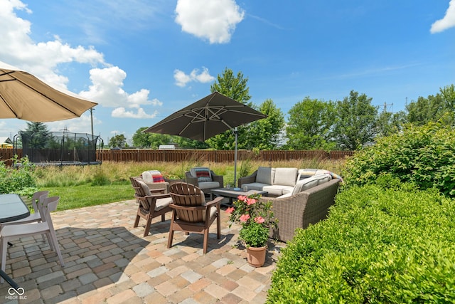 8754 Lily Ct, Zionsville, IN 46077 - fenced backyard with a trampoline, outdoor lounge area, and a patio