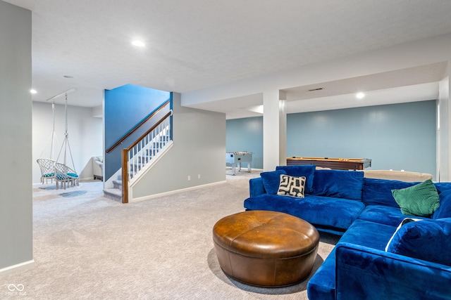 8754 Lily Ct, Zionsville, IN 46077 - living area featuring carpet, stairs, and recessed lighting
