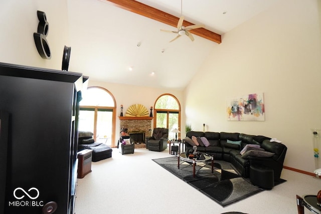 5586 S 200 E, Franklin, IN 46131 - carpeted living room featuring beamed ceiling, high vaulted ceiling, a stone fireplace, and a ceiling fan