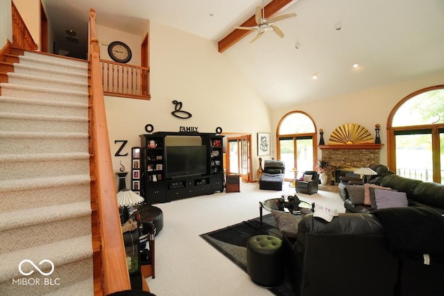 5586 S 200 E, Franklin, IN 46131 - living room with carpet floors, stairs, beam ceiling, high vaulted ceiling, and ceiling fan