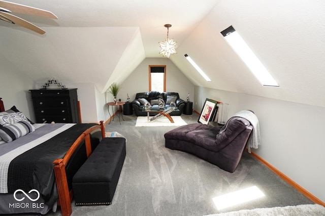 5586 S 200 E, Franklin, IN 46131 - carpeted bedroom with vaulted ceiling, a skylight, and a ceiling fan