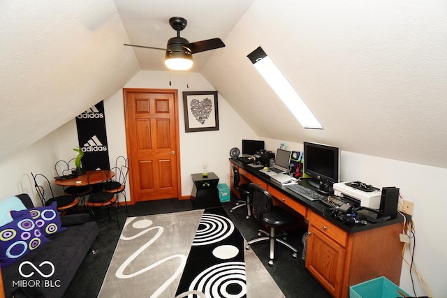 5586 S 200 E, Franklin, IN 46131 - office area featuring ceiling fan, lofted ceiling, and dark carpet
