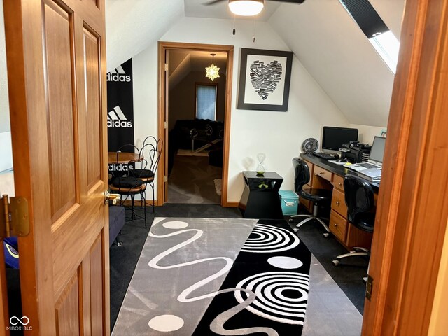 5586 S 200 E, Franklin, IN 46131 - home office with dark carpet, vaulted ceiling, and ceiling fan