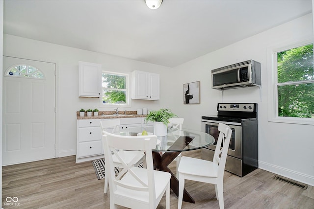 3709 Central Ave, Indianapolis, IN 46205 - kitchen with stainless steel appliances, plenty of natural light, white cabinetry, and light wood-style flooring
