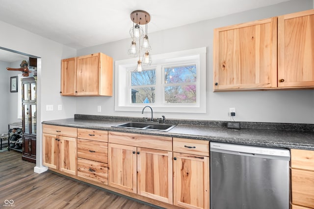 9267 N State Road 135, Morgantown, IN 46160 - kitchen featuring dishwasher, light brown cabinets, dark countertops, and dark wood-type flooring