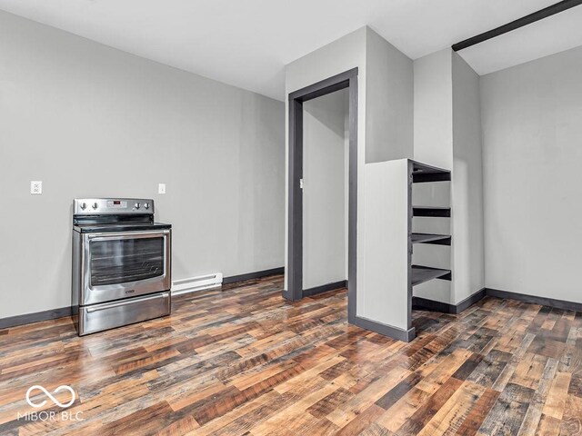 1126 N Rural St, Indianapolis, IN 46201 - kitchen featuring stainless steel range with electric stovetop, wood finished floors, and a baseboard radiator