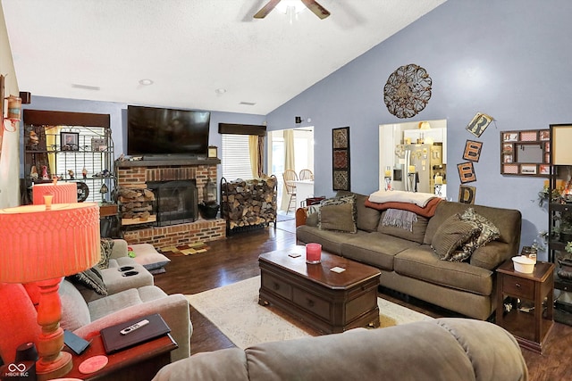 17401 Austrian Pine Way, Westfield, IN 46074 - living room featuring wood finished floors, plenty of natural light, ceiling fan, a brick fireplace, and high vaulted ceiling