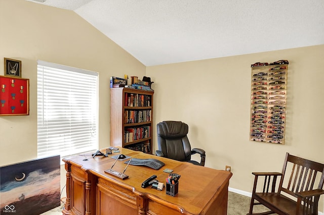 17401 Austrian Pine Way, Westfield, IN 46074 - carpeted home office featuring vaulted ceiling and baseboards