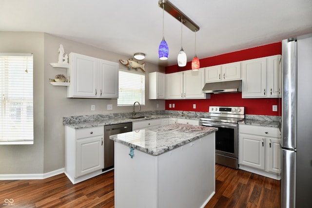 10539 Ross Xing, Fishers, IN 46038 - kitchen with stainless steel appliances, under cabinet range hood, dark wood-style flooring, and white cabinets