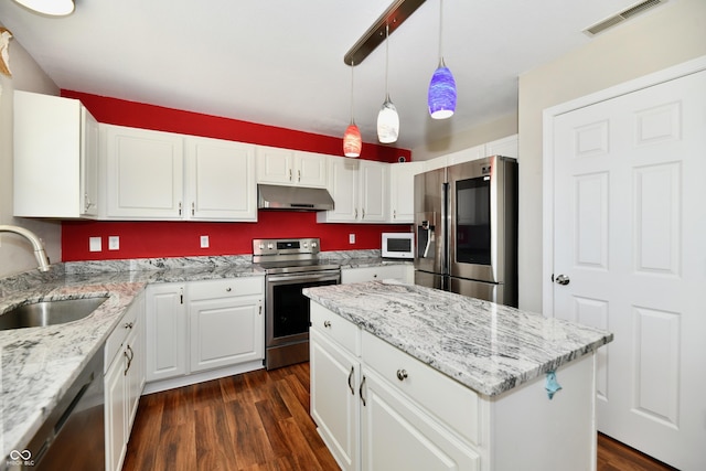 10539 Ross Xing, Fishers, IN 46038 - kitchen featuring stainless steel appliances, under cabinet range hood, dark wood-style flooring, and a kitchen island
