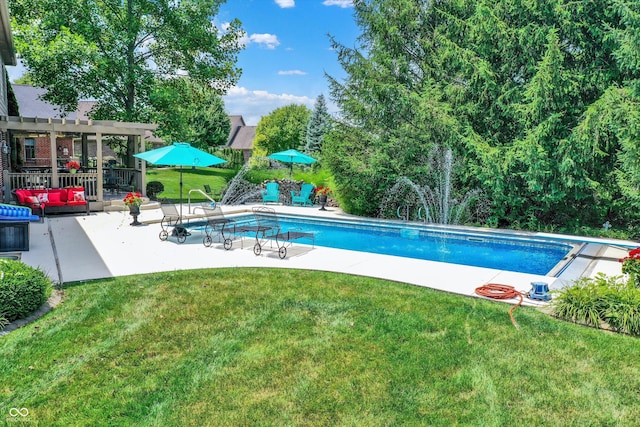 4704 Pearcrest Way, Greenwood, IN 46143 - swimming pool with an outdoor living space, a pergola, a patio area, and a lawn