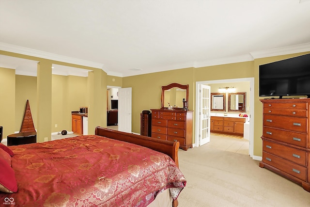 4704 Pearcrest Way, Greenwood, IN 46143 - bedroom with ensuite bathroom, light colored carpet, and ornamental molding