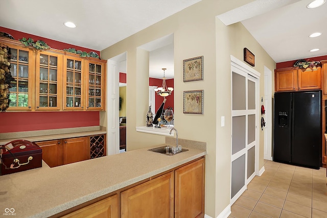 4704 Pearcrest Way, Greenwood, IN 46143 - kitchen featuring black refrigerator with ice dispenser, light tile patterned flooring, glass insert cabinets, light countertops, and recessed lighting
