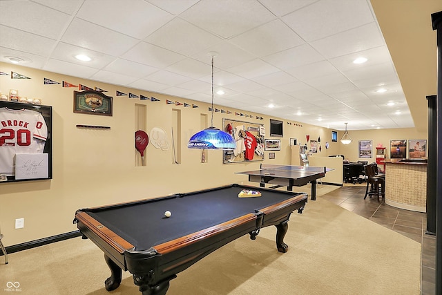 4704 Pearcrest Way, Greenwood, IN 46143 - playroom featuring a drop ceiling, billiards table, carpet flooring, recessed lighting, and tile patterned flooring