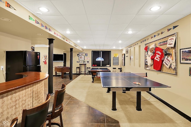4704 Pearcrest Way, Greenwood, IN 46143 - rec room with dark tile patterned floors, billiards, a bar, a paneled ceiling, and recessed lighting