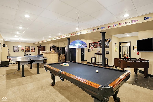 4704 Pearcrest Way, Greenwood, IN 46143 - recreation room featuring a drop ceiling, billiards, carpet flooring, and recessed lighting